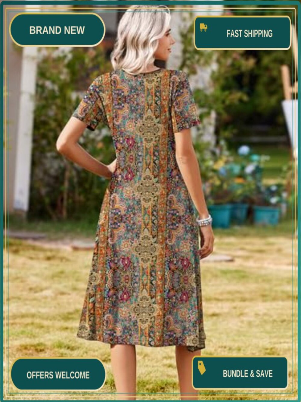 Casual Short Sleeve Aline Midi Dress with Pockets Flowy Pleated Beach Sundress - Picture 5 of 6